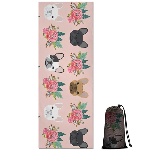 Pink French Bulldog Flowers Florals Hot Yoga Mat Towel Non Slip for Hot Yoga - Quick-Drying Yoga Mat Cover with 4 Corner Pockets with Travel Bag - Hot Yoga Towel Non Slip 70"x26"