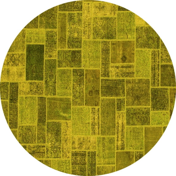Ahgly Company Machine Washable Indoor Round Patchwork Yellow Transitional Area Rugs, 8' Round