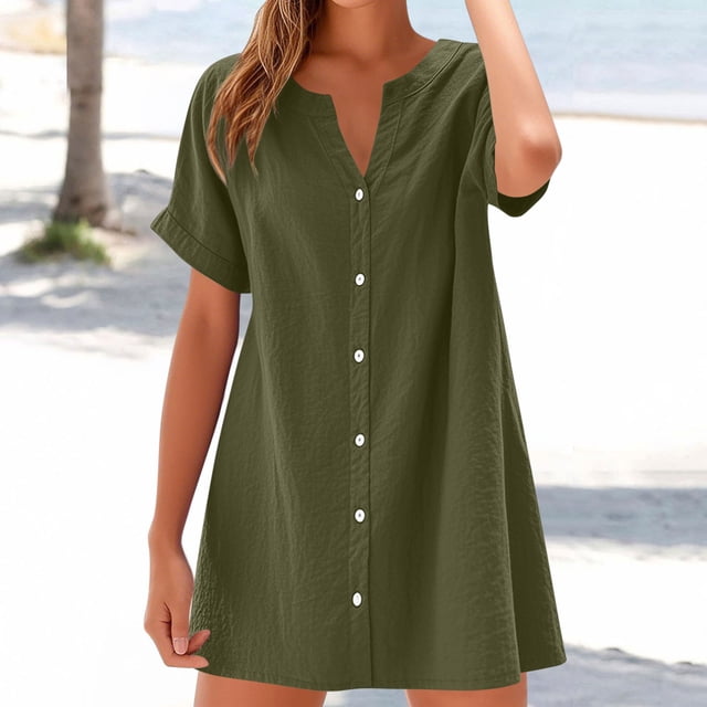 KIHOUT Women's Summer T-shirt Dress Solid Color Short Sleeve V-neck Button up Flowy Mini Dress