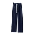 thumbnail image 2 of CLOISE Casual Palazzo Pants for Women Casual Petite Cotton Wide Leg Pants With Pockets Drawstring Elastic Waist Comfy Mid Rise Palazzo Pants Pull On Capri Lounge Pants Loose Fit Trousers Dark Blue, 2 of 4
