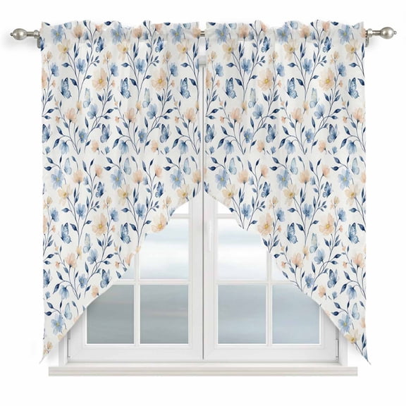 Blue Pink Flowers Swag Curtains for Living Room/Bedroom, Spring Floral Elegant Pastoral Watercolor Swag Kitchen Curtain Valances for Windows, Tier Topper Scalloped Curtain 2 Panels, 72"W x 45"L