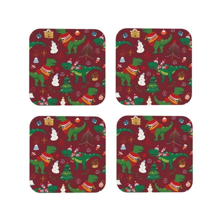 

Tideii Dinosaur Christmas Happy New Year for Leather Coasters 4 Pieces Anti-fouling and Anti-scalding Decorative Coasters Suitable for Restaurants Kitchens Coffee Shops-Square
