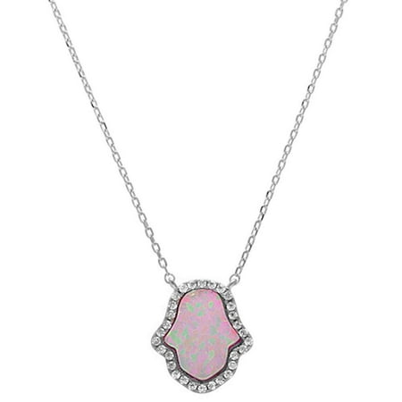 Created Pink Tourmaline Pendant - Sterling Silver Lab Created Pink Opal Hamsa Pendant Necklace-White Opal-Sterling silver