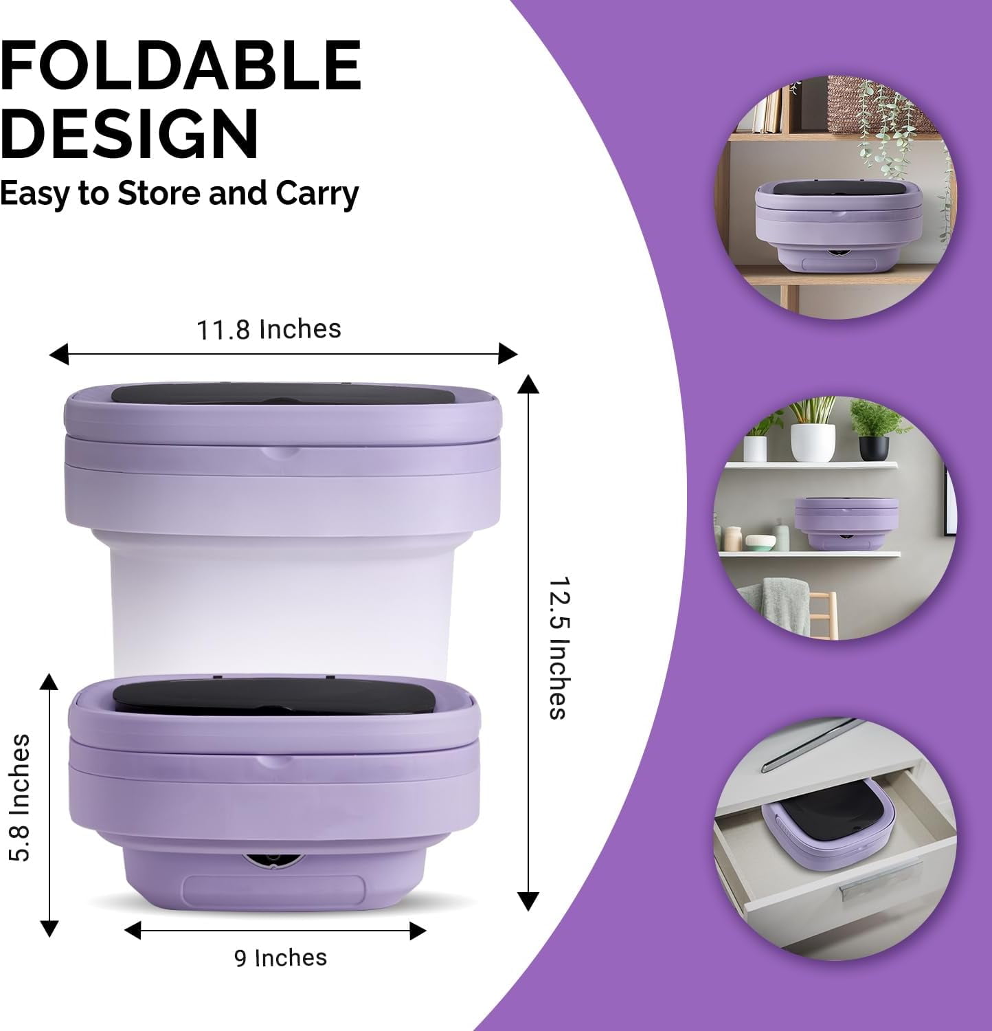 Portable Washing Machine, 11L Mini Washer for Apartments, RV & Travel | Folding Clothes Washer with Spin Basket & 3 Modes | Compact Washing Machine for Underwear, Baby Laundry & Small Loads (Purple)