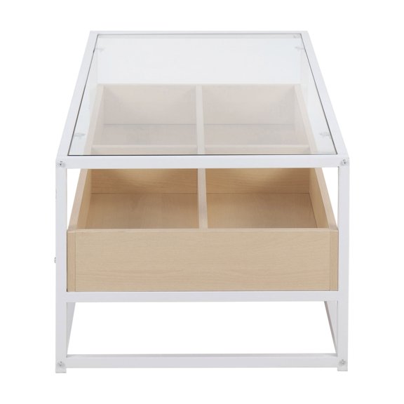 Display Contemporary Coffee Table in White Metal, Natural Wood, and Clear Glass by LumiSource