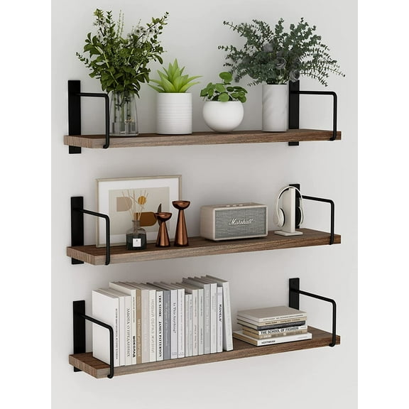 Floating Shelves - 24 Inch Wall Mounted Set of 3 Rustic Wood Shelves for Wall Decor and Living Room Storage (Brown)