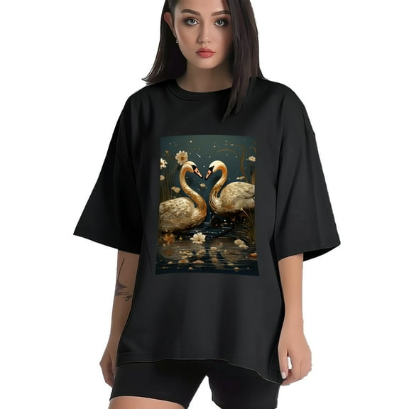 Plus Size Shirt for Women Black Tops for Women Short Sleeves Shirt for Women Swans T Shirt Crewneck Shirt for Women XS