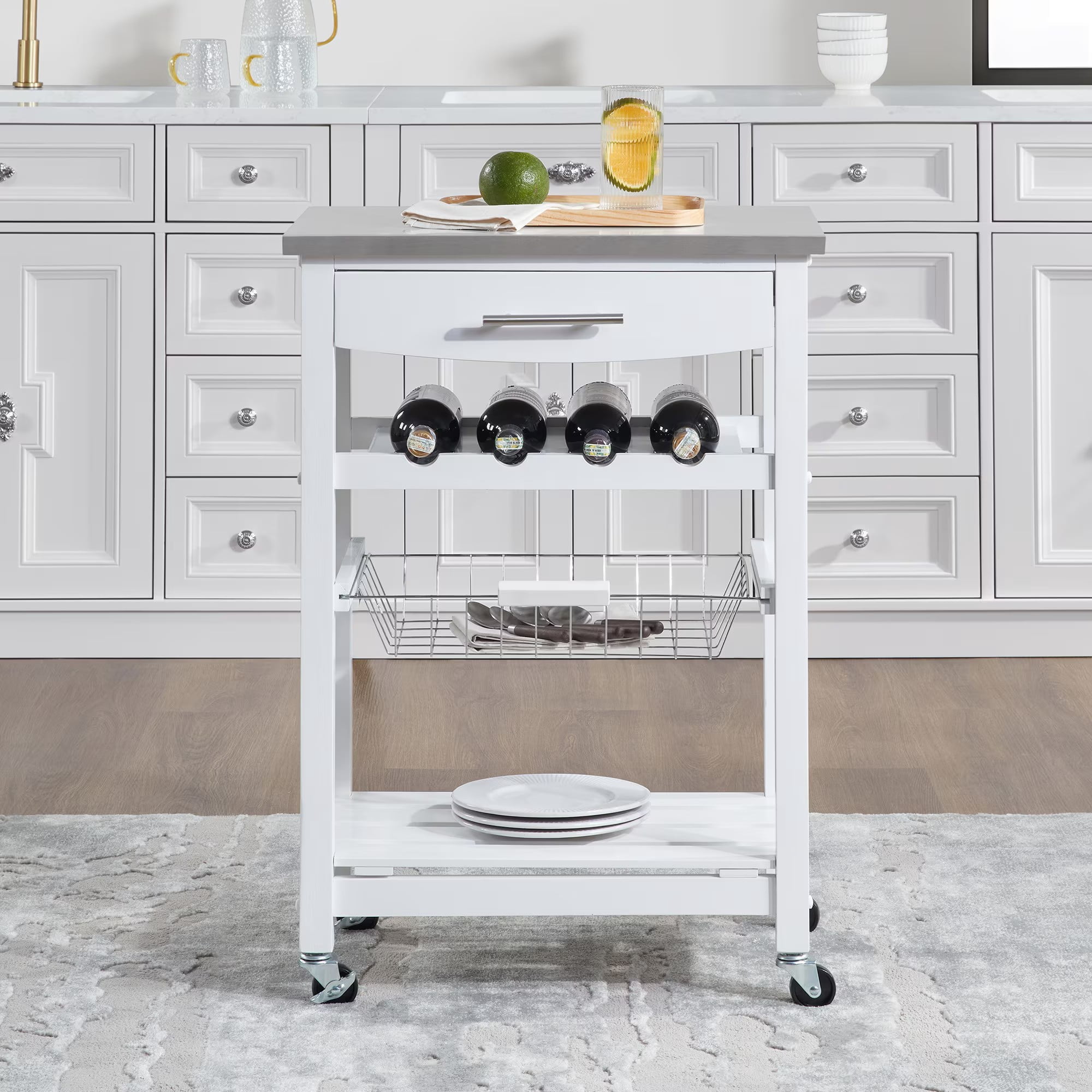 Avobird Kitchen Island Cart, Mobile Kitchen Cart with 22inch Stainless Steel Countertop/Underneath Drawer/Slide-Out Wire Storage Basket, White