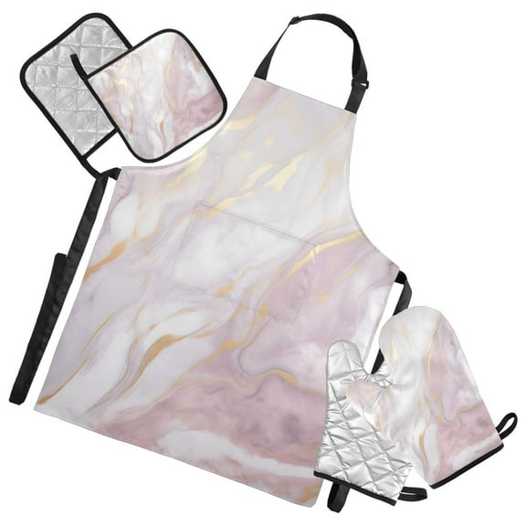 Lavender Pink Marble 5 Pcs Kitchen Set Heat Resistant Oven Mitts and Non-Slip Pot Holders with Adjustable Cooking Apron