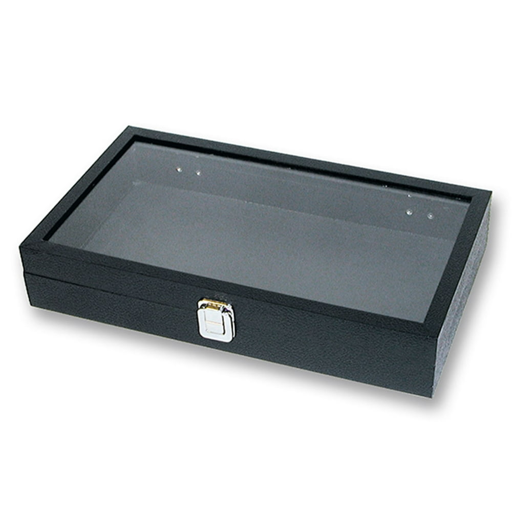 SSWBasics Large Black Faux Leather Glass Top Jewelry Display Case (14¾"L x 8¼"W x 2"D