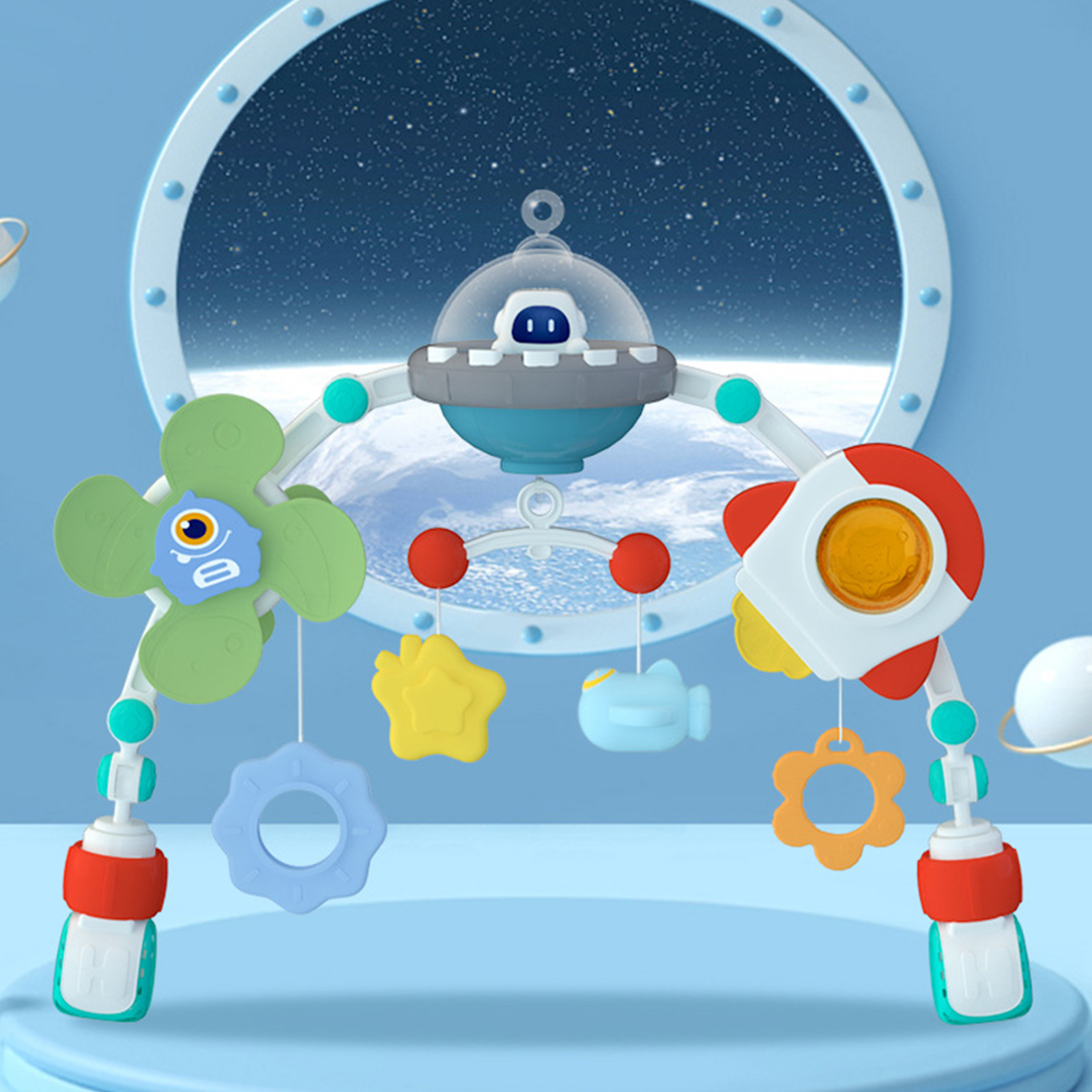 Adjustable Baby Mobile Hanger, Space Theme Crib Clip for Bassinets, Strollers, Playpens with Safe ABS Decorations