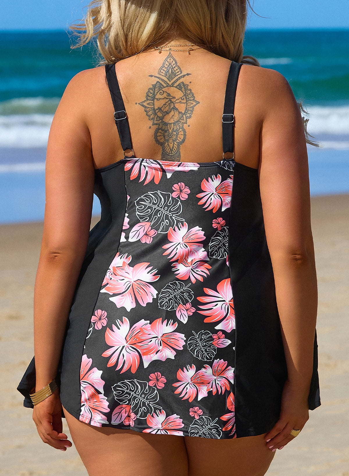 SHEWIN Plus Swimsuit for Woman One Piece Swimdress Tummy Control A-Line Swimdress Bathing Suit with Pockets Floral 1X