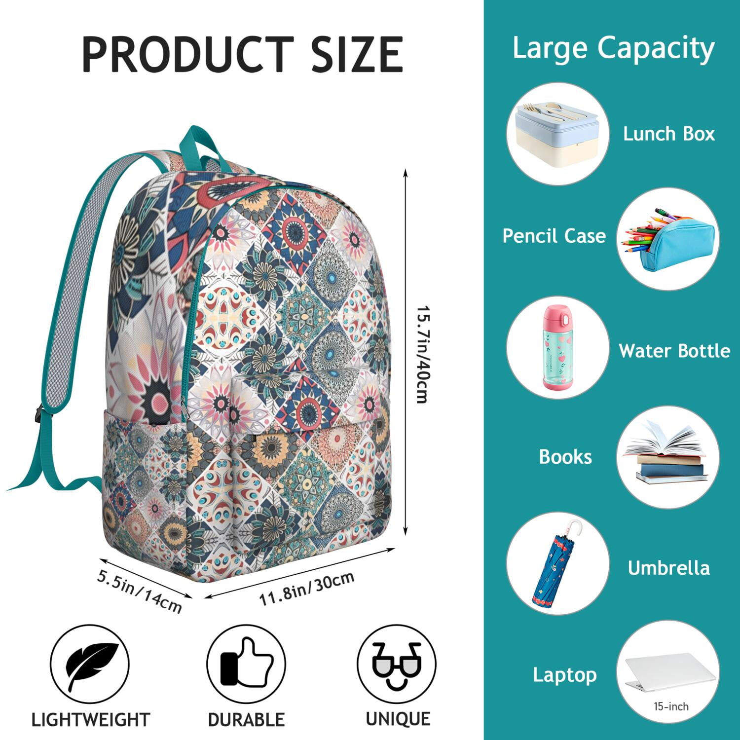 Ethnic Style Waterproof Backpack for Teens, Durable Laptop Daypack with Tribal Prints and Colorful Design