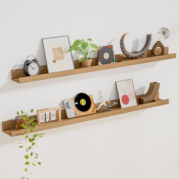 Floating Shelves for Wall Set 2 of 48 inches Picture Ledge Shelf 96 inches Totally,Solid Wood Oak Shelves for Room Wall to Display and Storage Photo Picture,Vinyl,Toy,Spice,Perfume,Book etc.