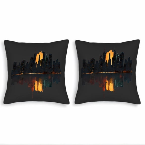 Set of 2 18x18in Throw Pillow Covers - Elegant City Skyline Design with Warm Sunset Hues Perfect for Couch Bed or Car Decor