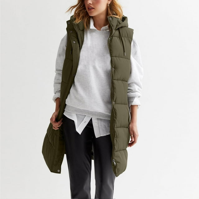 IMENGL Long puffer vest oversized quilted vest, Green L, Size M-2XL