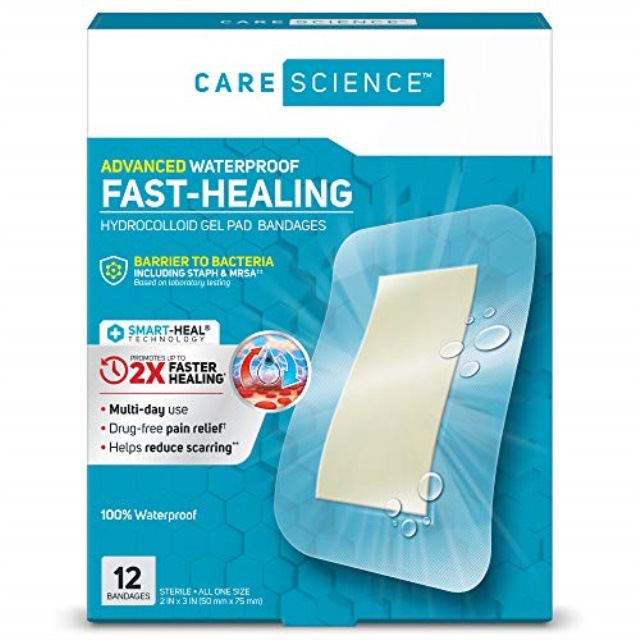 care science fasthealing waterproof hydrocolloid gel pad bandages, xl
