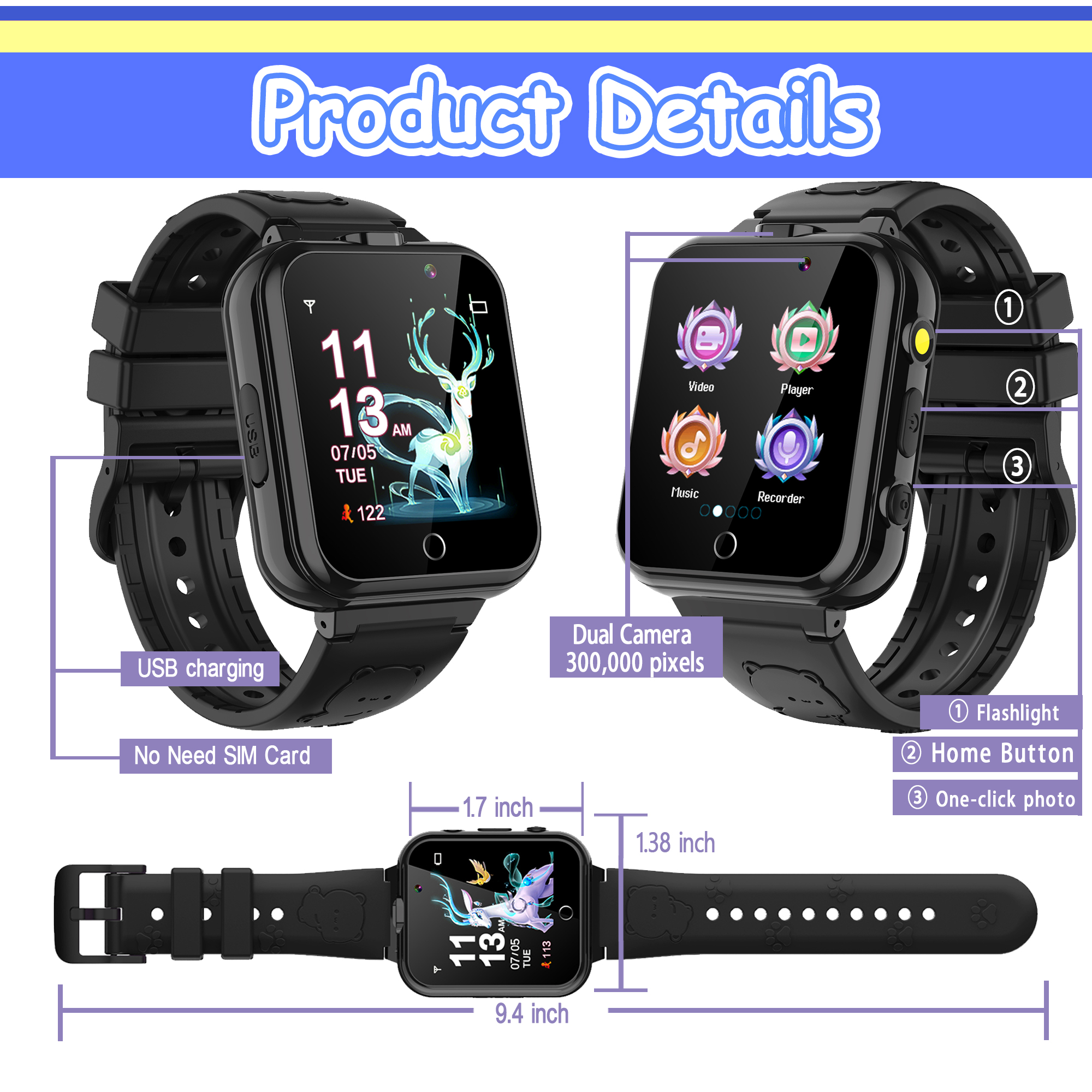 SZBXD Kids Game Smart Watch, Black photo 3