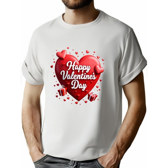 Camiseta de San Valentín para hombre: cuello redondo informal, tejido de punto, ligeramente elástica, corte regular, estampado, ideal para el verano.