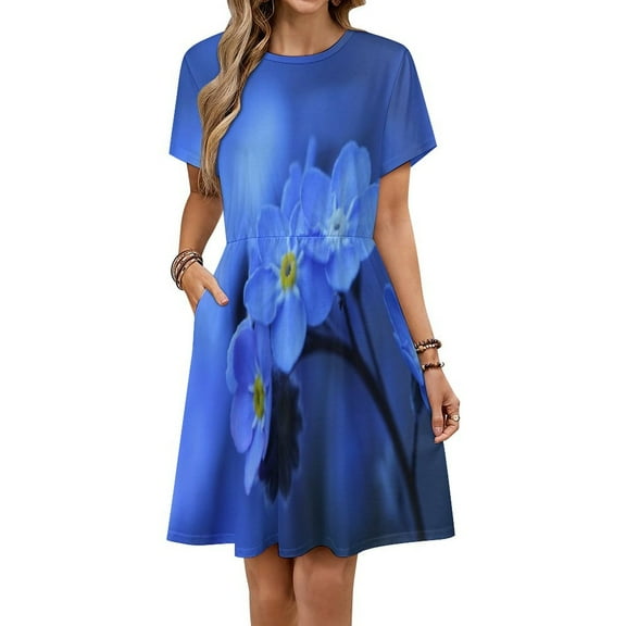 Blue Flowers Short Sleeve Dress Women Summer Evening Dresses Ladies Sundress