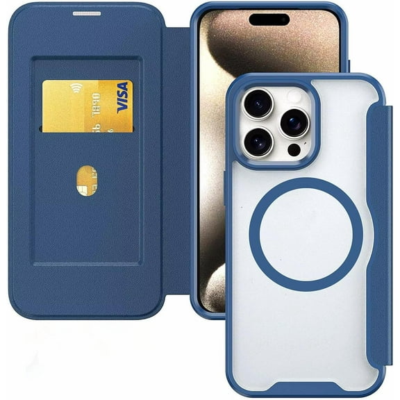 Case for iPhone 12 Pro Max,Clear Back Design Heavy Duty Drop Protection Anti Theft Flip Leather Wallet Card Holder Shockproof with Wireless Charge Phone Case for iPhone 12 Pro Max,6.7" 2020 (Blue)