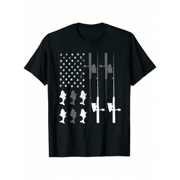MAWOTEA Patriotic Fishing Rod & American Flag T-Shirt - Cotton,Crew Neck, Short Sleeve - Perfect For Boys & Girls