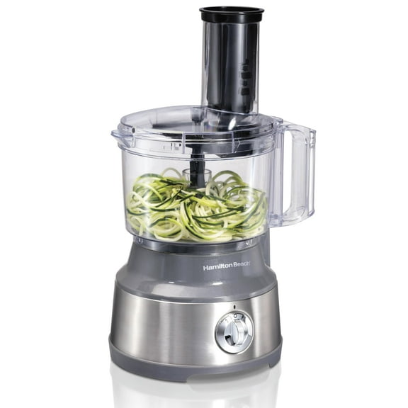 Hamilton Beach Food Processor & Vegetable Chopper for Slicing, Shredding, Mincing, and Puree, 10 Cups   Veggie Spiralizer makes Zoodles and Ribbons, Grey and Stainless Steel (70735)