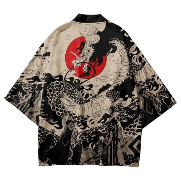 Cárdigan tipo kimono holgado estilo japonés de verano con estampado de dragón de Anime para hombre y mujer