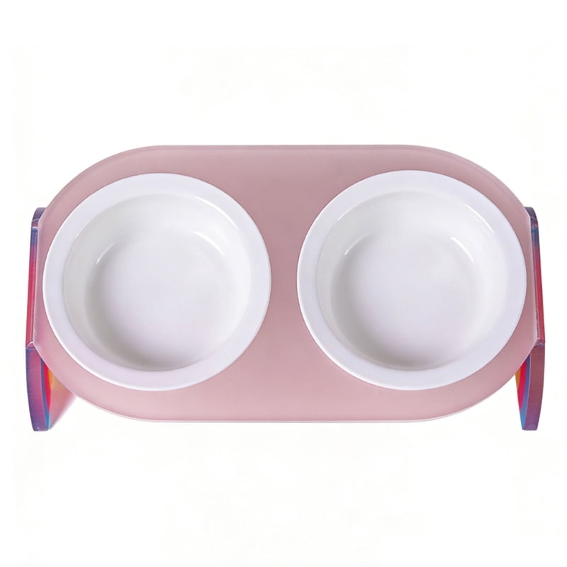 Yiran Ceramic Double Cat Bowl with Rainbow Stand, Transparent