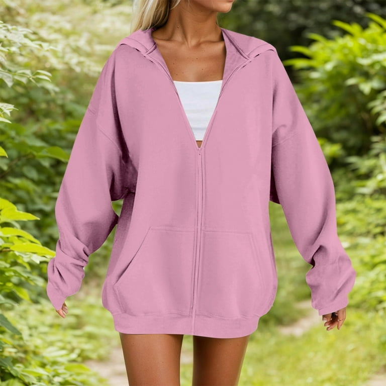 HNMKIU Women's Solid Color Zip-Up Hoodie with Pockets