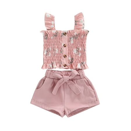 

Arvbitana 2Pcs Toddler Girls Two-Piece Shorts Clothes Outfit Strap Ruffles Ruched Tank Tops + Elastic Waist Solid Color Shorts Clothing Suit 1-6 Years