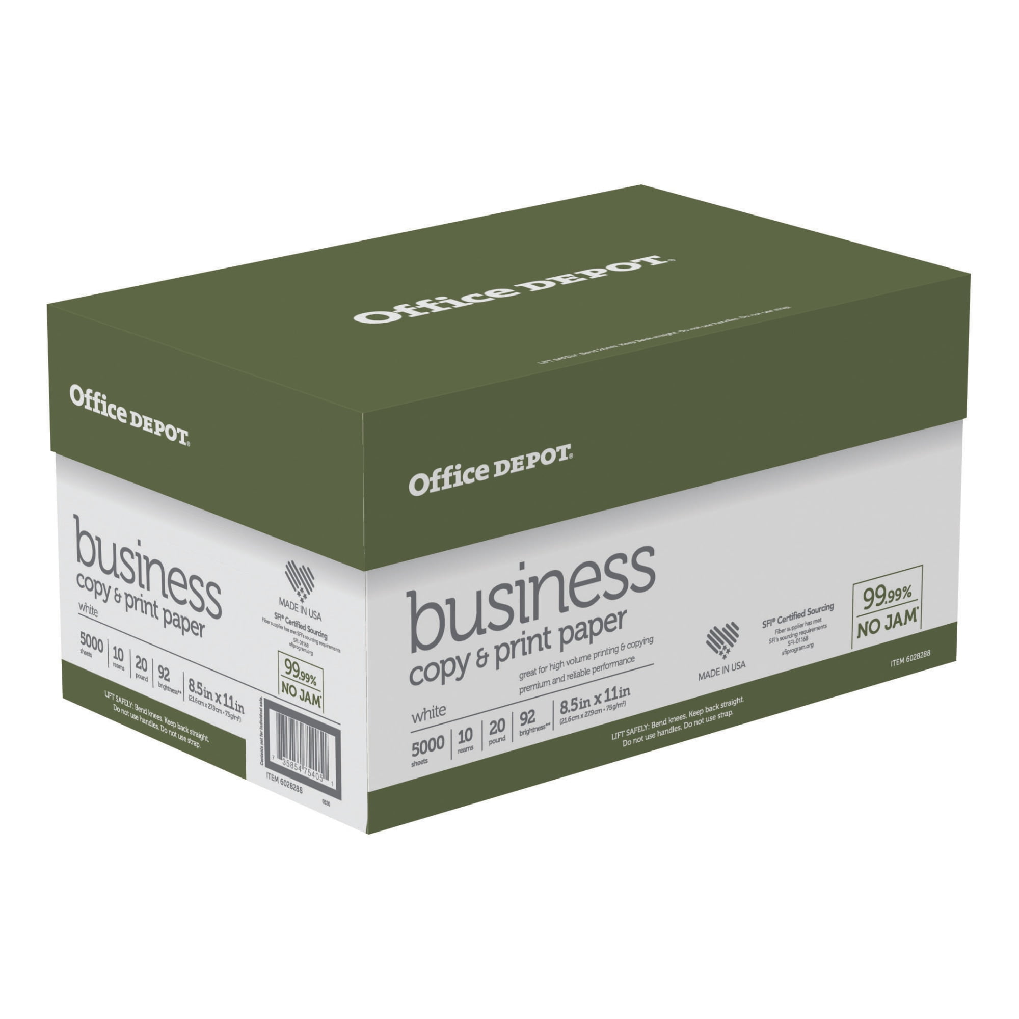 Office Depot® Business Multi-Use Printer & Copy Paper, 10 Reams, White, Letter (8.5" x 11"), 5000 Sheets Per Case, 20 Lb, 92 Brightness