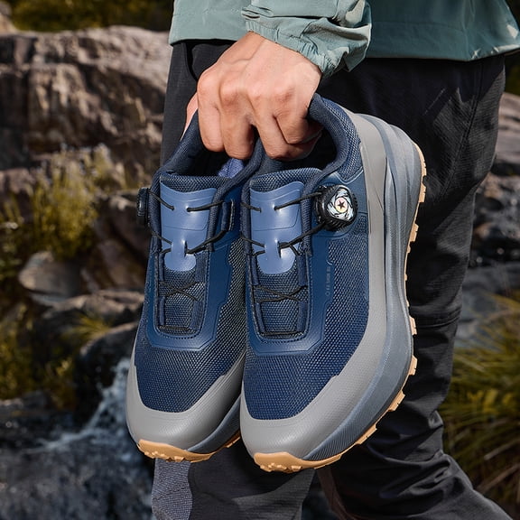 Men's Blue & Grey Outdoor Hiking Shoes, Breathable Mesh Trail Sneakers with Rotating Buckle for Trekking and Casual Wear