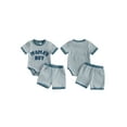 thumbnail image 2 of BemeyourBBs Infant Baby Boy Mama's Boy Outfit Newborn Boys Summer Clothes Waffle Knit Stripe Letter Embroidery Short Sleeve Romper Elastic Waist Shorts 2 Piece Set, 2 of 9