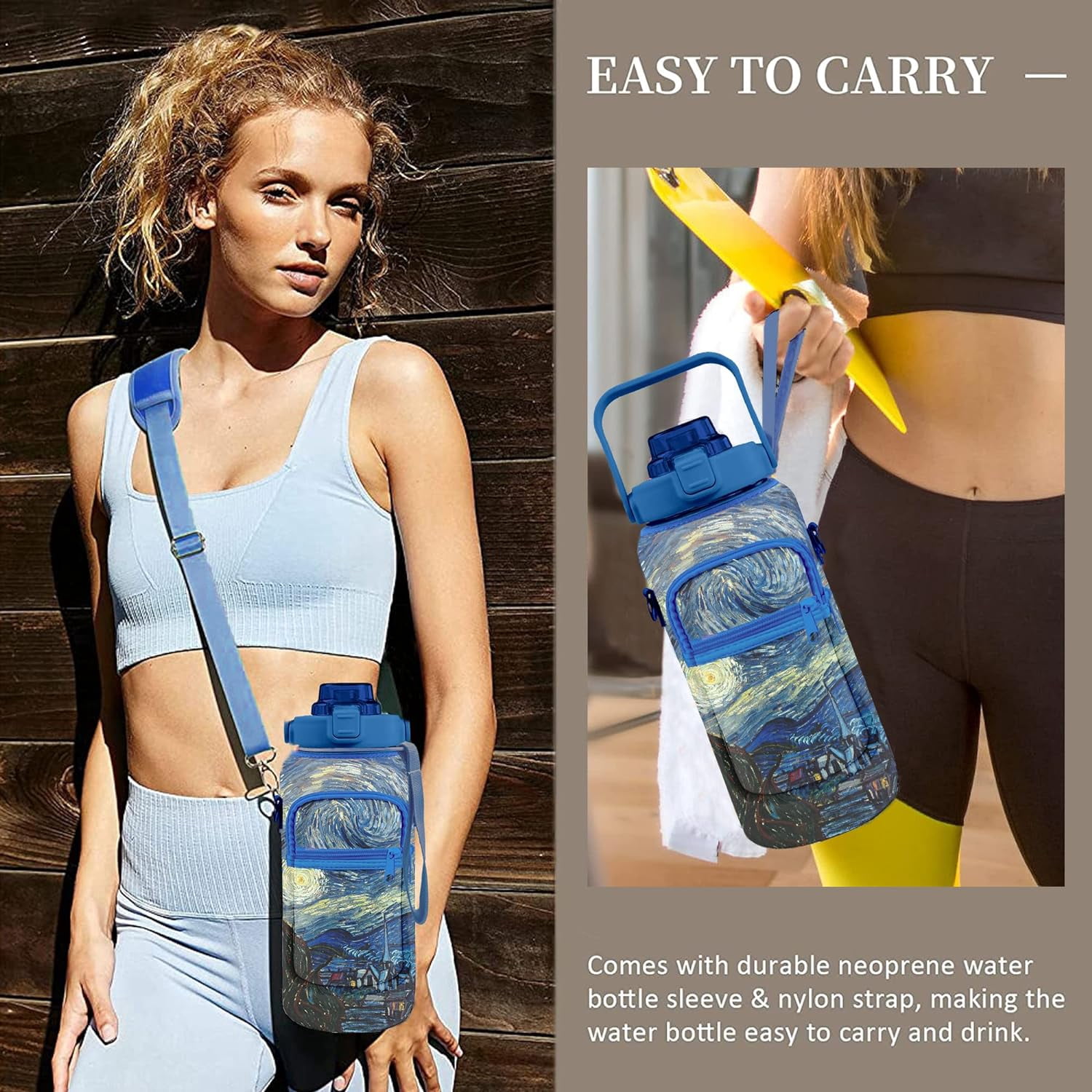 Half Gallon Water Bottle with Sleeve Water Bottle 64 Oz Water Bottle with Time Marker, 1/2 Gallon Water Bottles Half Gallon Water Bottle with Straw and Gym Yoga 1/2 Gallon Water Jug for Women Starsky