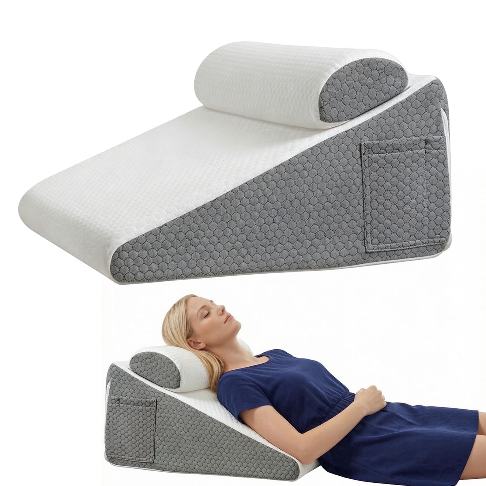 Foam Bed Wedge Pillow for Headboard, 12" Leg Elevation, Triangle Support for Back, Legs and Knees, Sitting Up Incline Cushion for Sleeping, Reading, Removable Washable Covers