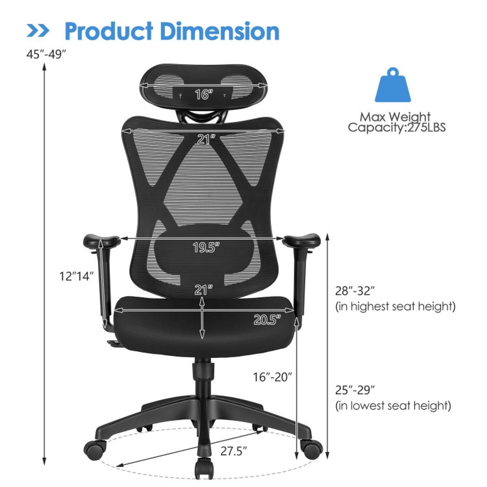 Demi Bonn High Back Mesh Executive Office Chair with Adjustable Lumbar Support, Rolling Work Computer Desk Chair, Black
