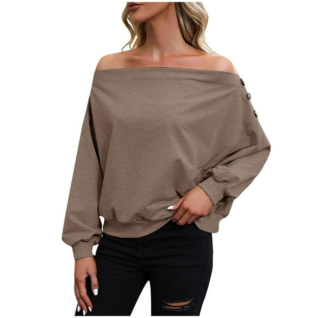 Timegard Womens Tops off Shoulder Long Sleeve Button Cropped Top Fall Solid Color Casual Loose Tops