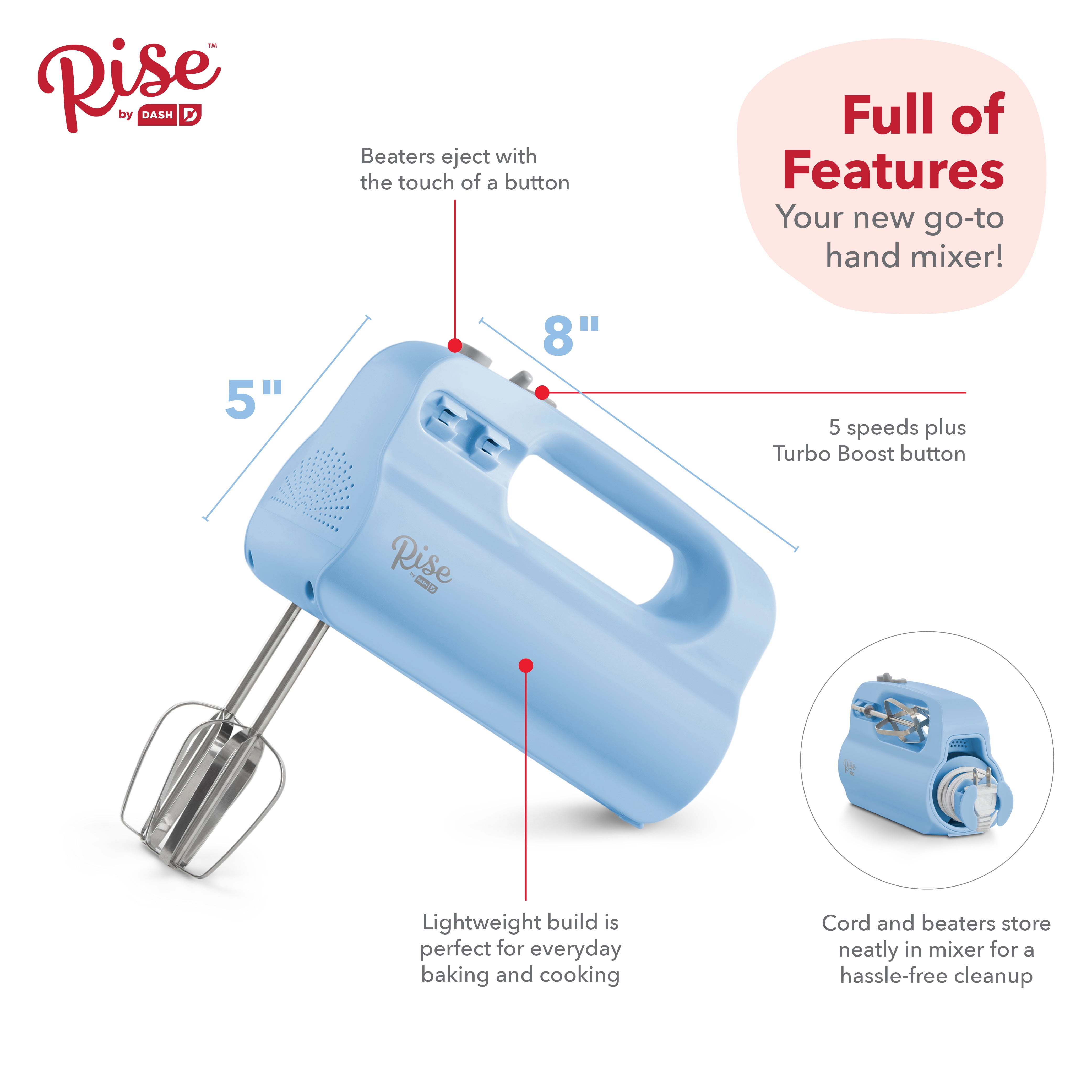 Rise by Dash Compact Hand Mixer Electric for Whipping + Mixing with Cord Storage, 5 Speed - Blue - 1.8 lbs. - New
