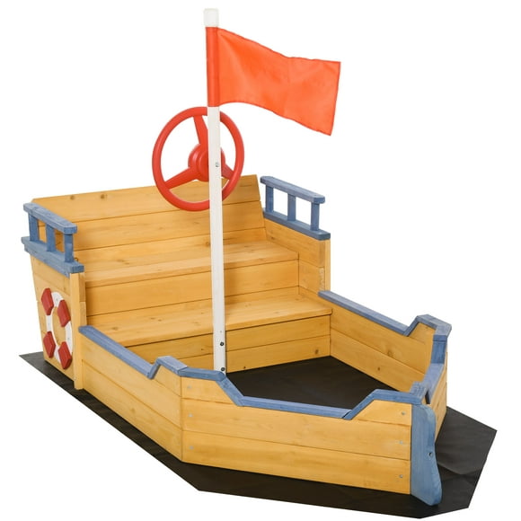 Outsunny Kids Wooden Sandbox Pirate Ship Sandboat Outdoor Backyard Playset Children Play Station w/ Bench Seat Storage Space & Flag for 3-6 Years Old