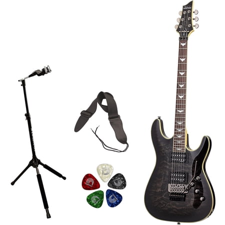 Schecter Guitar Research Omen Extreme-6 FR Electric Guitar - See-Thru Black Bundle with Ultimate Support Pro Guitar Stand, Black Strap, and Classic Pick (10-Pack)