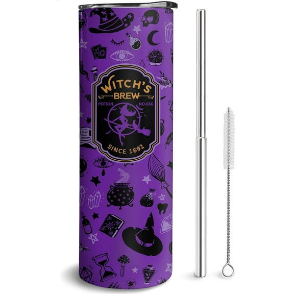 Halloween Tumbler 20 oz Travel Holiday Coffee Mug Purple Witch Skinny Tumblers with Lid and Straw Stainless Steel Insulated Coffee Cups Halloween Gifts for Women Girls