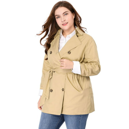 Women Plus Size Double-Breasted Long Sleeves Trench Coat with Belt Jacket Outerwear Khaki (Best Trench Coats For Petites)