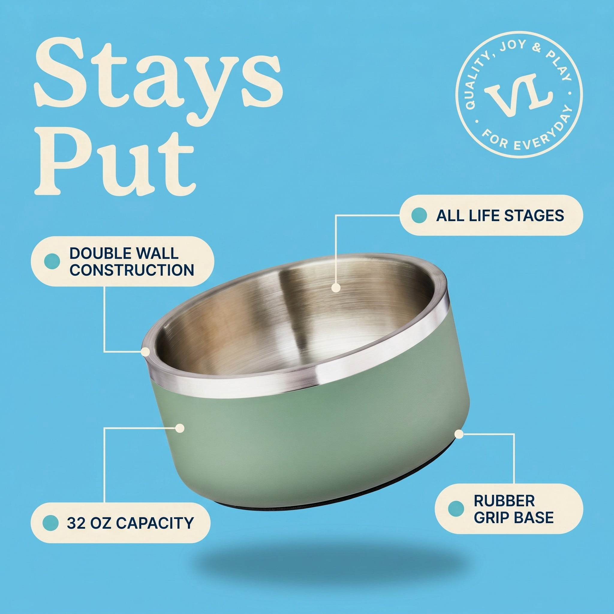 Vibrant Life Medium 4-Cup Stainless Steel Double Wall Pet Bowl, Sage