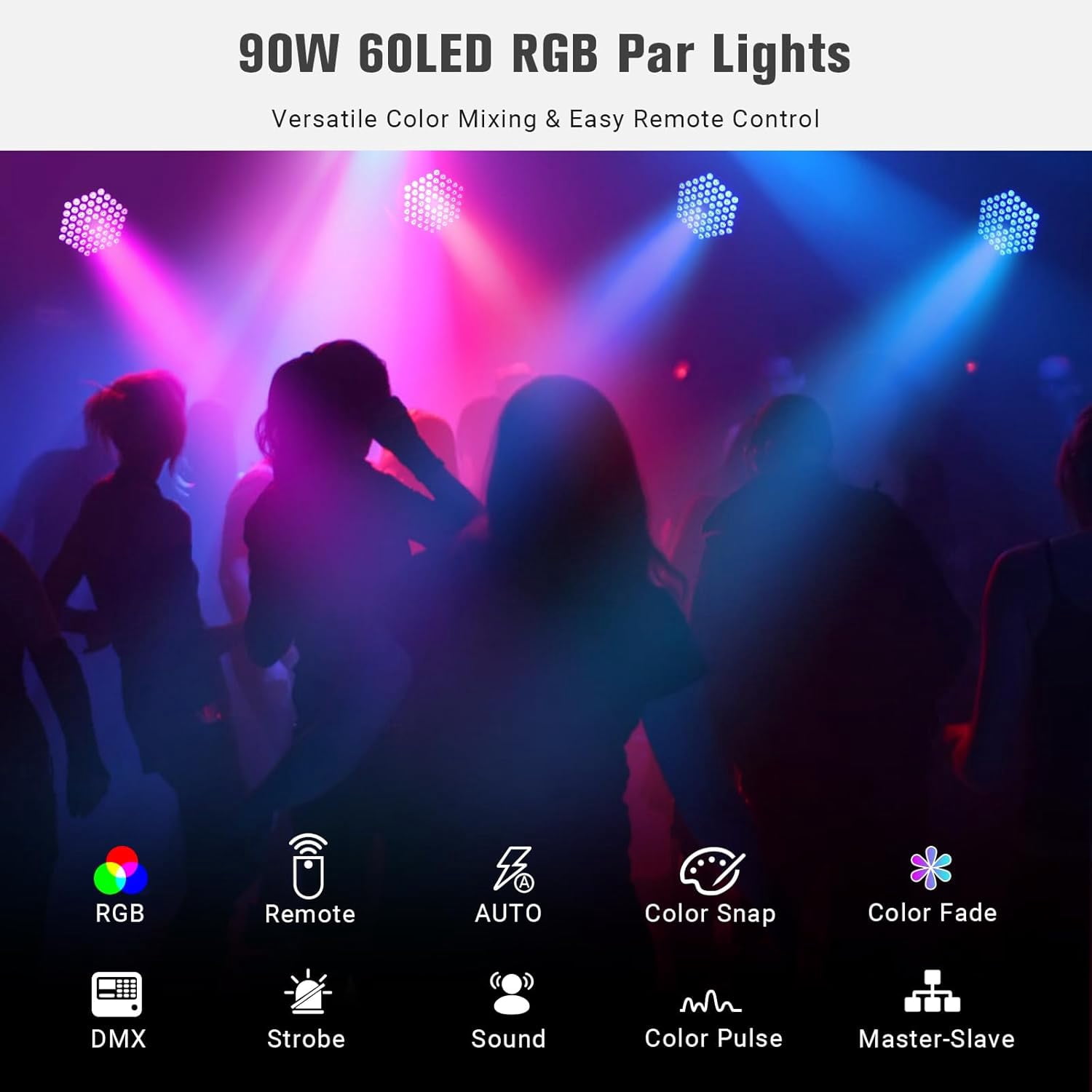 90W RGB LED Par Lights: 60 LEDs Dimmable Stage Lighting - Remote & DMX Control - Sound Activated Uplights for Events DJ Wedding Party Church Band Holiday Performance- 2Pack