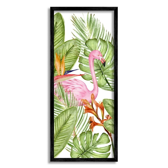 Stupell Industries Flamingo & Monstera Leaves Animals & Insects Painting Black Framed Art Print Wall Art, 10 x 24