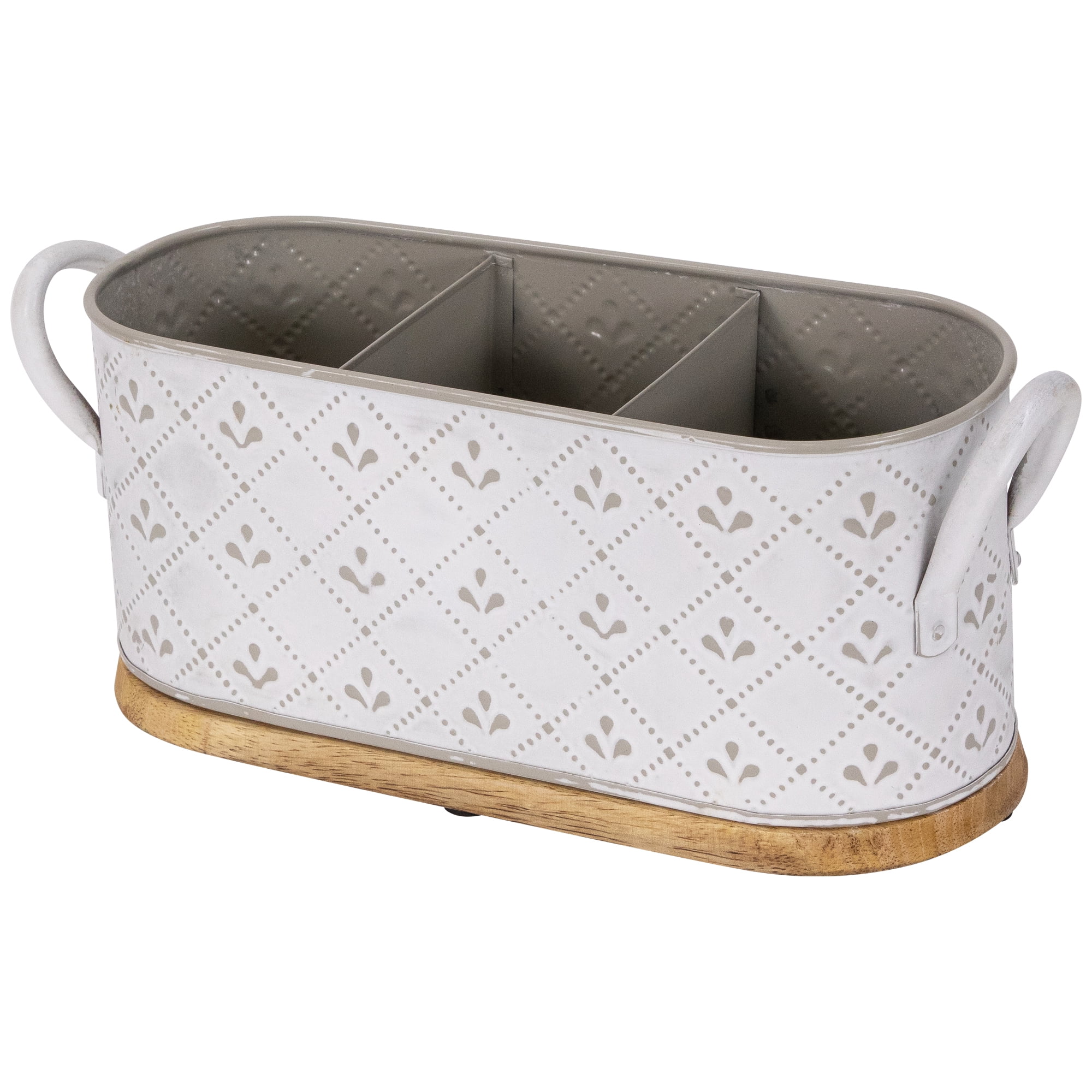 Northlight 11.25" White Oval Embossed Utensil Caddy with Side Handles and Wooden Base
