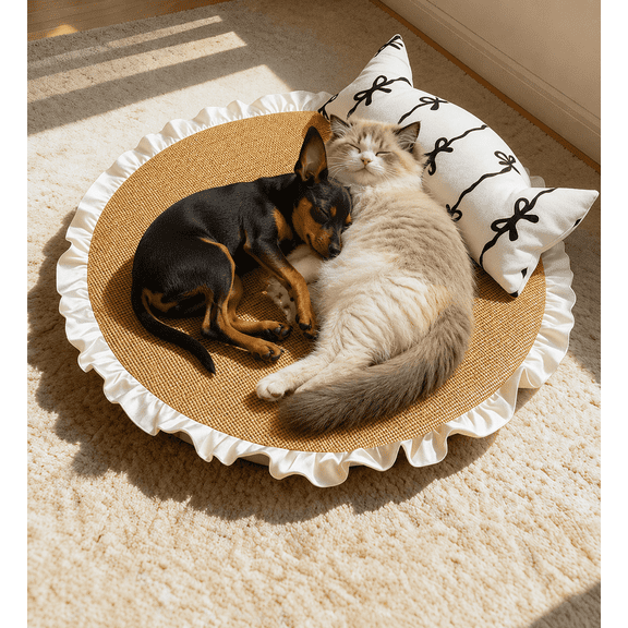 Round Pet Cooling Mat with Pillow, Summer Cat Bed Mat for Indoor Cats and Small Dogs, Woven Cooling Pet Pad with Sponge Filling, Soft Ruffle Pet Sleeping Cushion, XX" Diameter