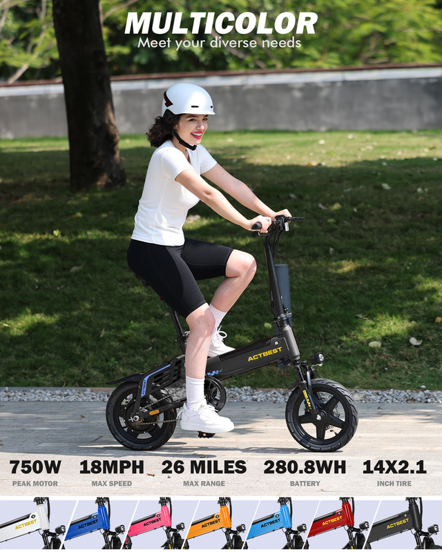 Actbest Electric Bike for Adults 750W Peak Motor, 14-inch Folding Mini Ebike, E Bicycles with 20MPH UL2849 280.8Wh Built-in Battery, 26 Miles PAS Range, Small E Bikes for Teens & Adults (Black)