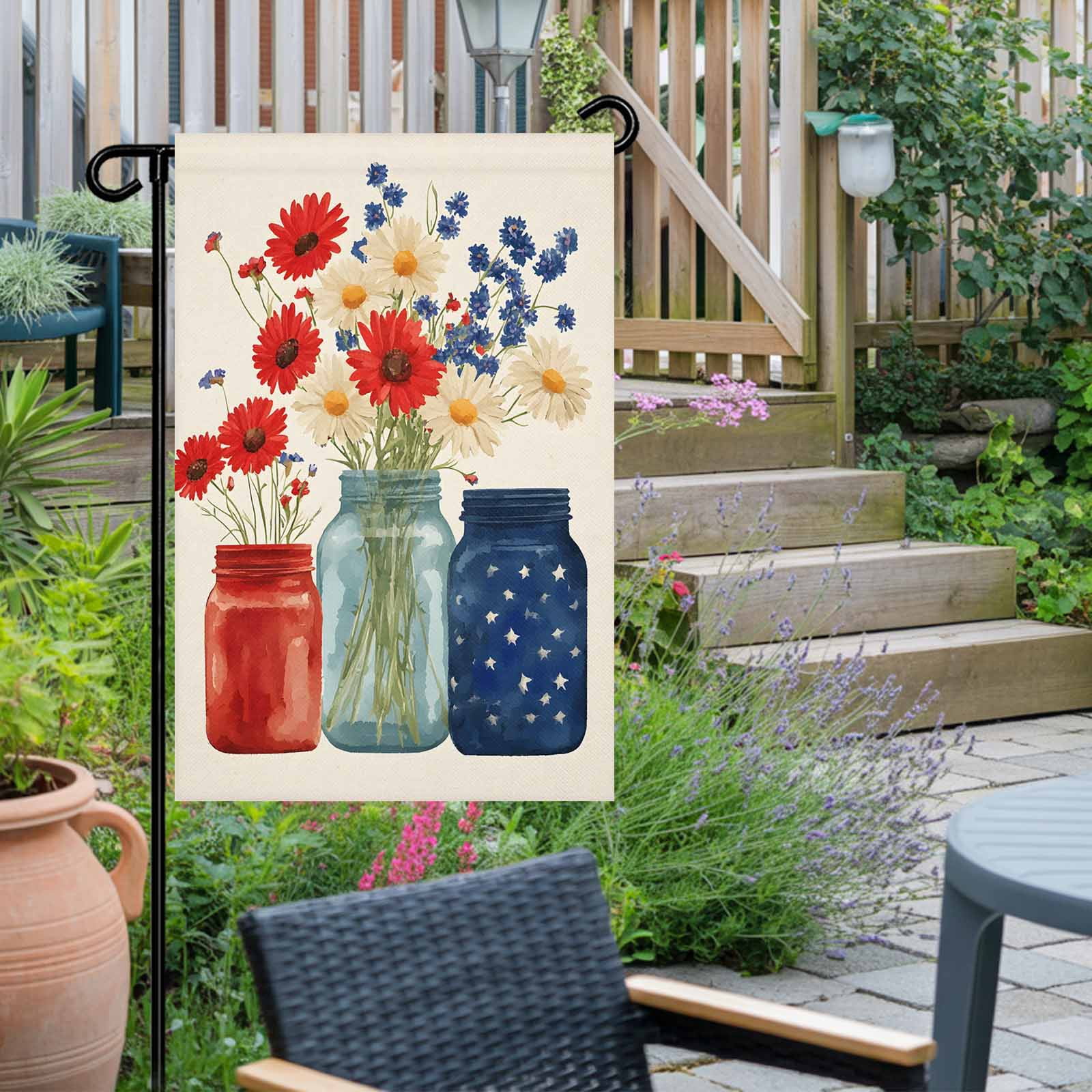 4th of July Garden Flags Red Blue Flower Vase Garden Flag Double Sided Welcome Flag Patriotic Independence Day Yard Flags for Outdoor Lawn Porch Memorial Day Seasonal Holiday Decor 28x40 Inch